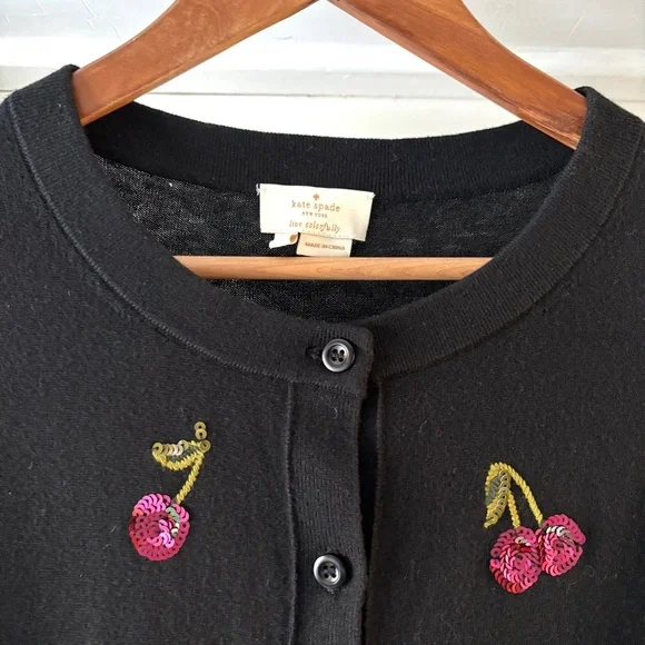 Kate Spade Sequin Cherries Black Cardigan Sweater Size L - Picture 6 of 16